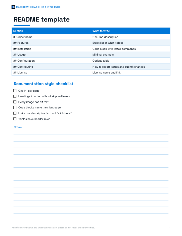 Preview of Printable README and Docs Template